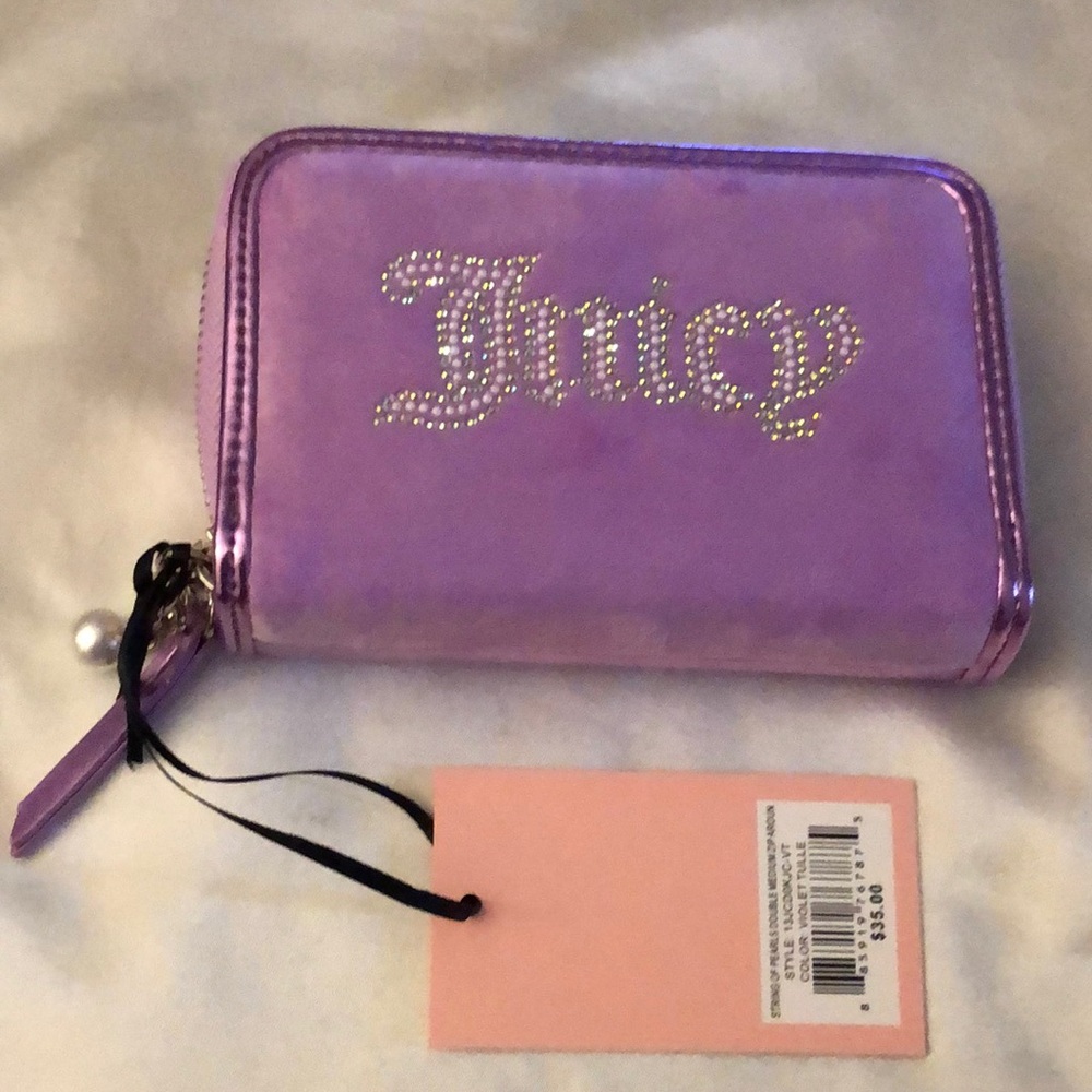 Juicy Couture Violet Tulle String Of Pearls Double Medium Zip Around Wallet NWT